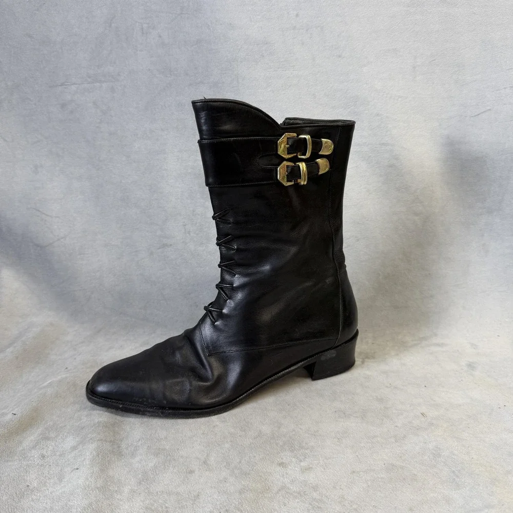 Via Spiga Boots Womens Size 7.5 Black Leather Lace Up Mid Calf Riding Italy